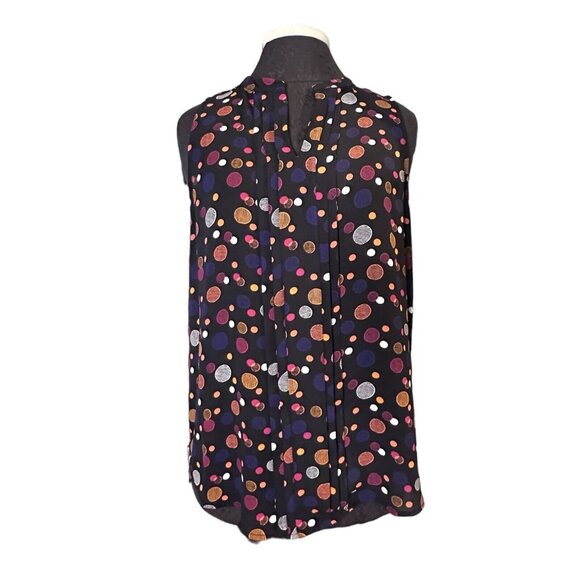 41 Hawthorn Boho Blouse M Sleeveless Black Orange Red Polka Dots Pleated V-Neck - Picture 1 of 7